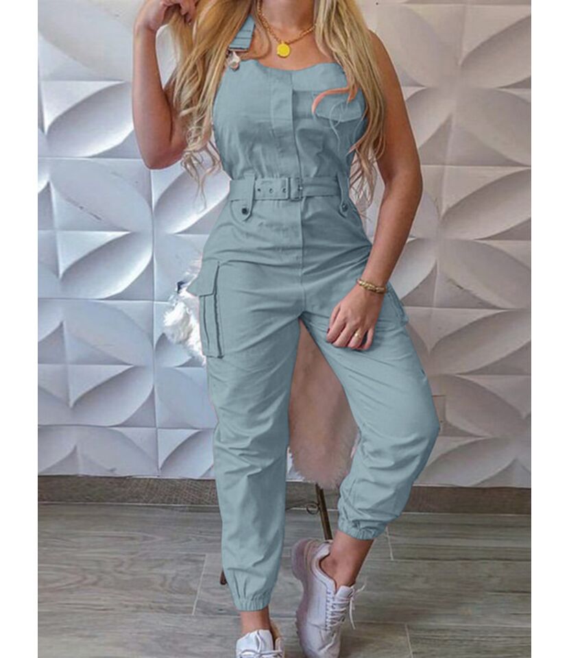 Sleeveless Solid Color Belted Cargo Jumpsuit