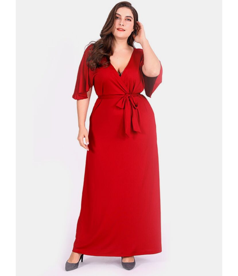 Buy Plus Size Cape Sleeve V-neck Belted Dress - SheStar