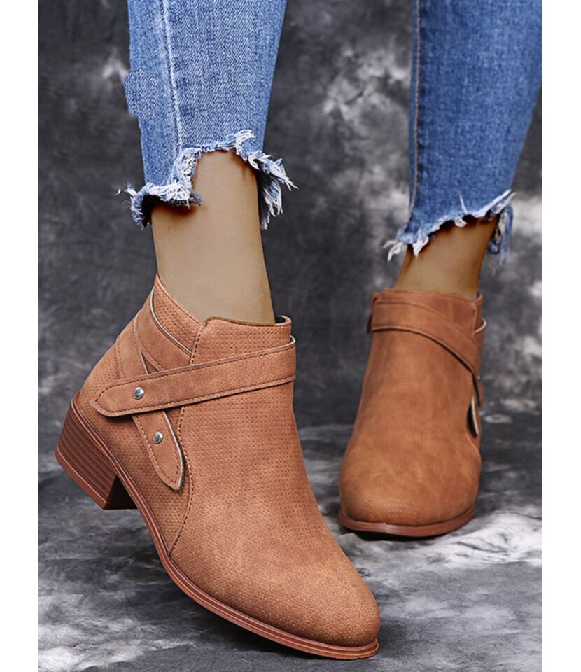 Pointed Suede Stacked Heel Ankle Boots