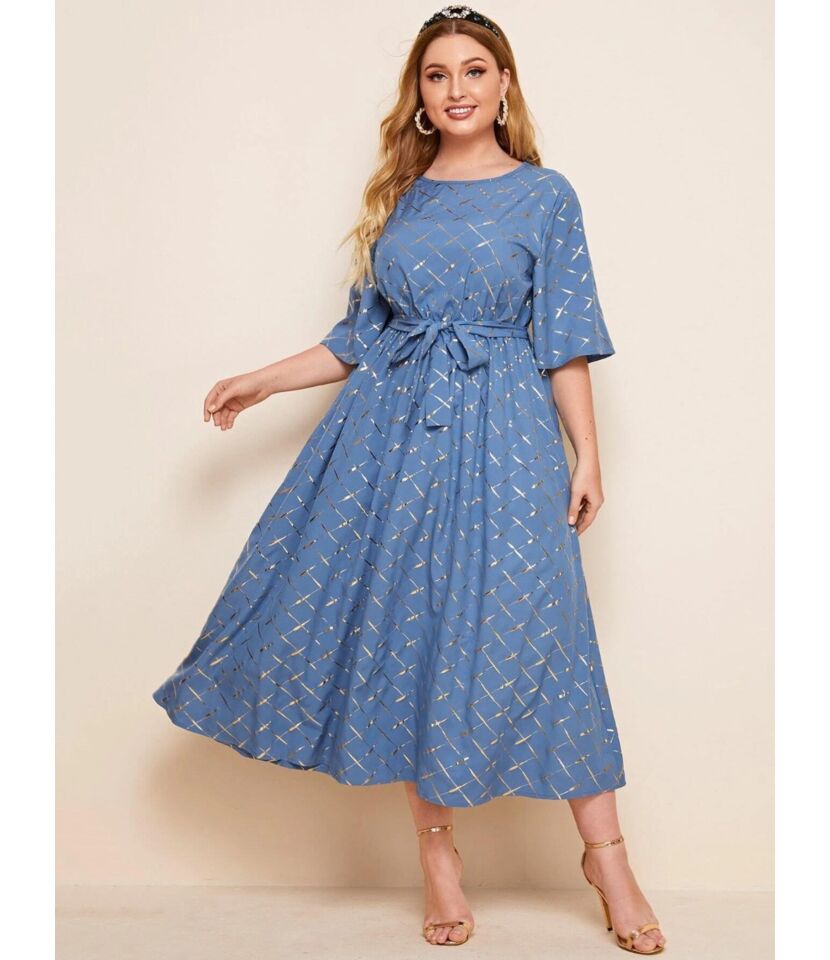 Plus Size Hot Stamping Belted Smock Dress