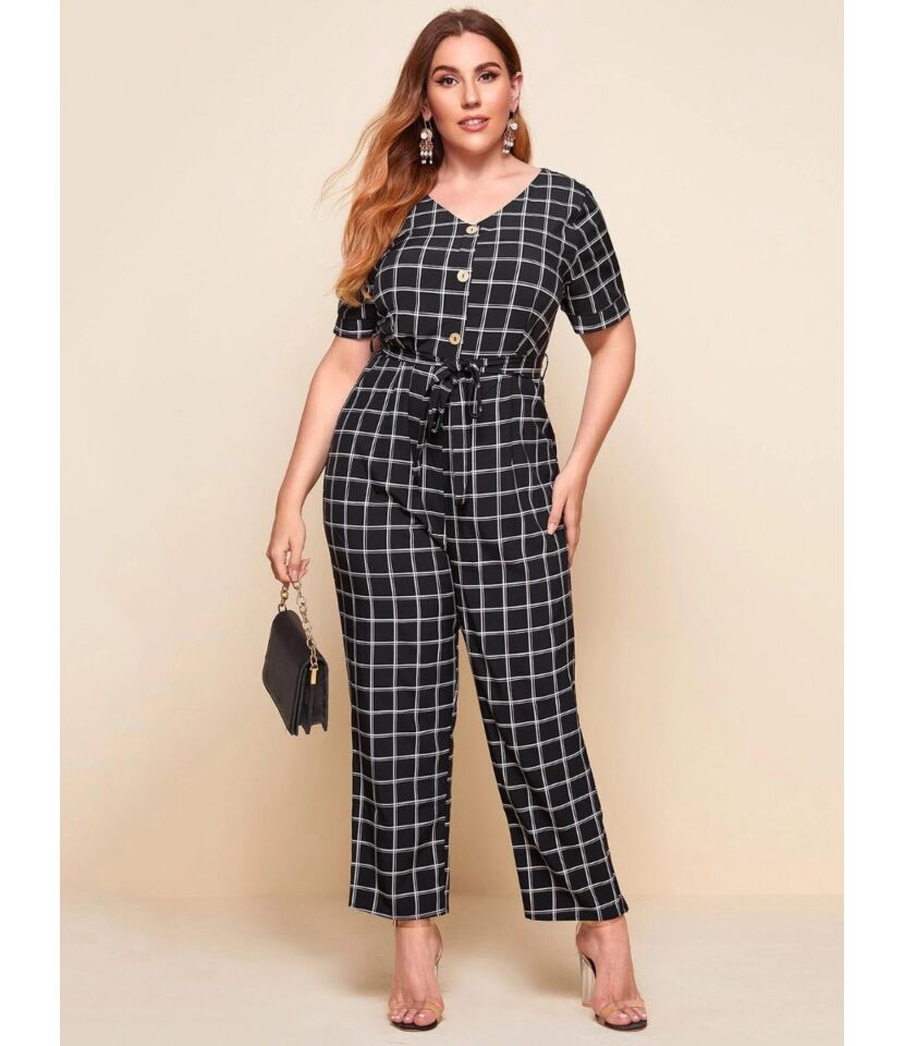 Plus Size Belted Checked Jumpsuit