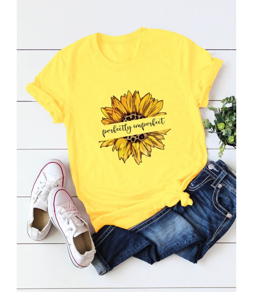 Short-sleeve Letter Sunflower Graphic Tee