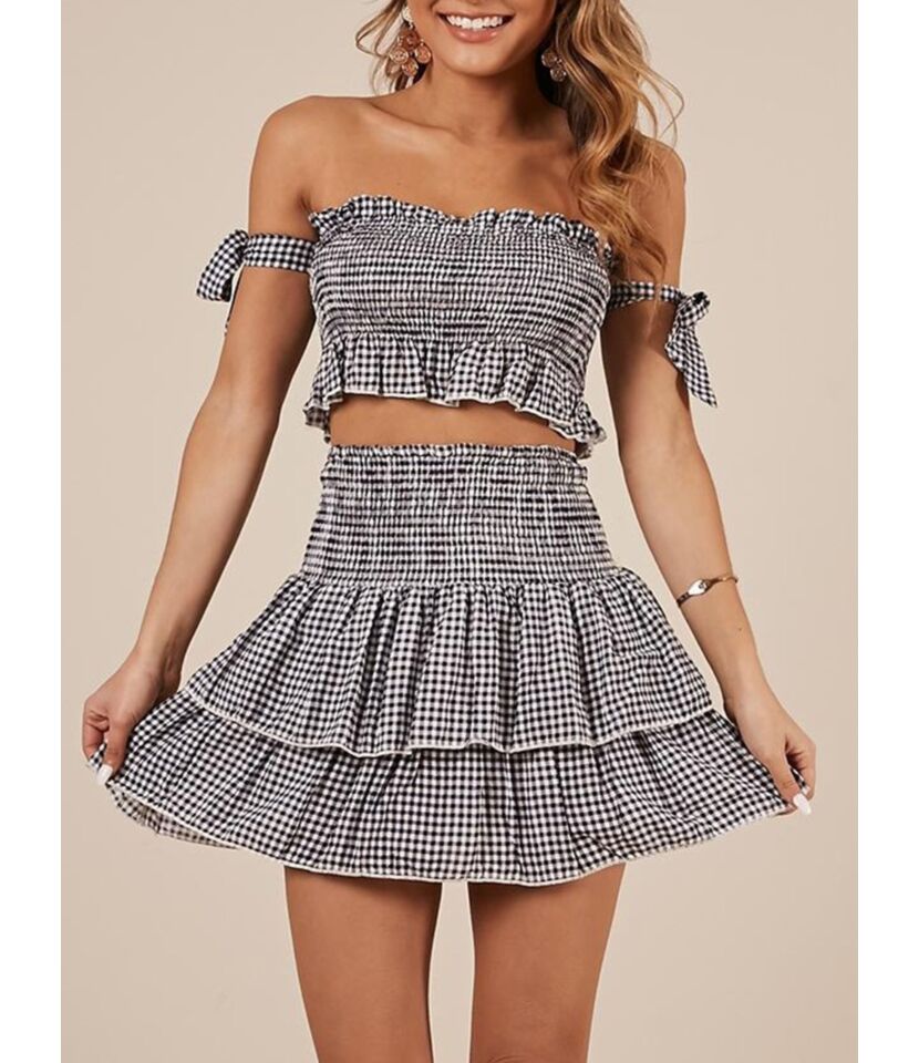 Two Peices Ruffle Plaid Set Off-shoulder Shirred Tube Top With Layered ...