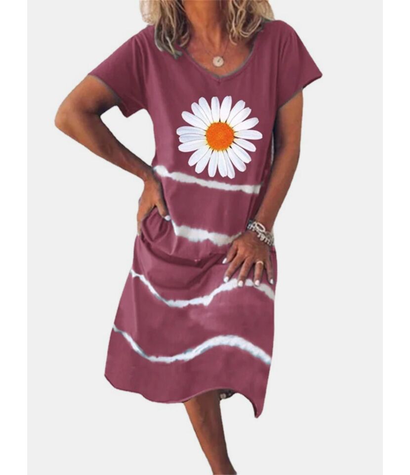 Buy Summer Sunflower Print Stripe Tee Dress - SheStar