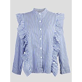 Plus Size Stand Collar Ruffle Trim Stripe Shirt