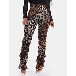 Tiered Ruffle Two-toned Leopard Print Flare Pants