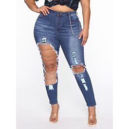 Knee Hole Chain Decor Ripped Distressed Jeans