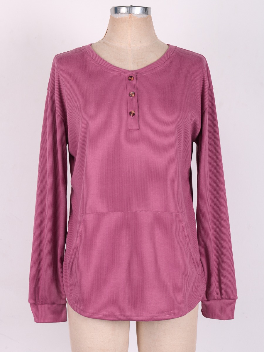 Front Pocket Button Plain Ribbed Top