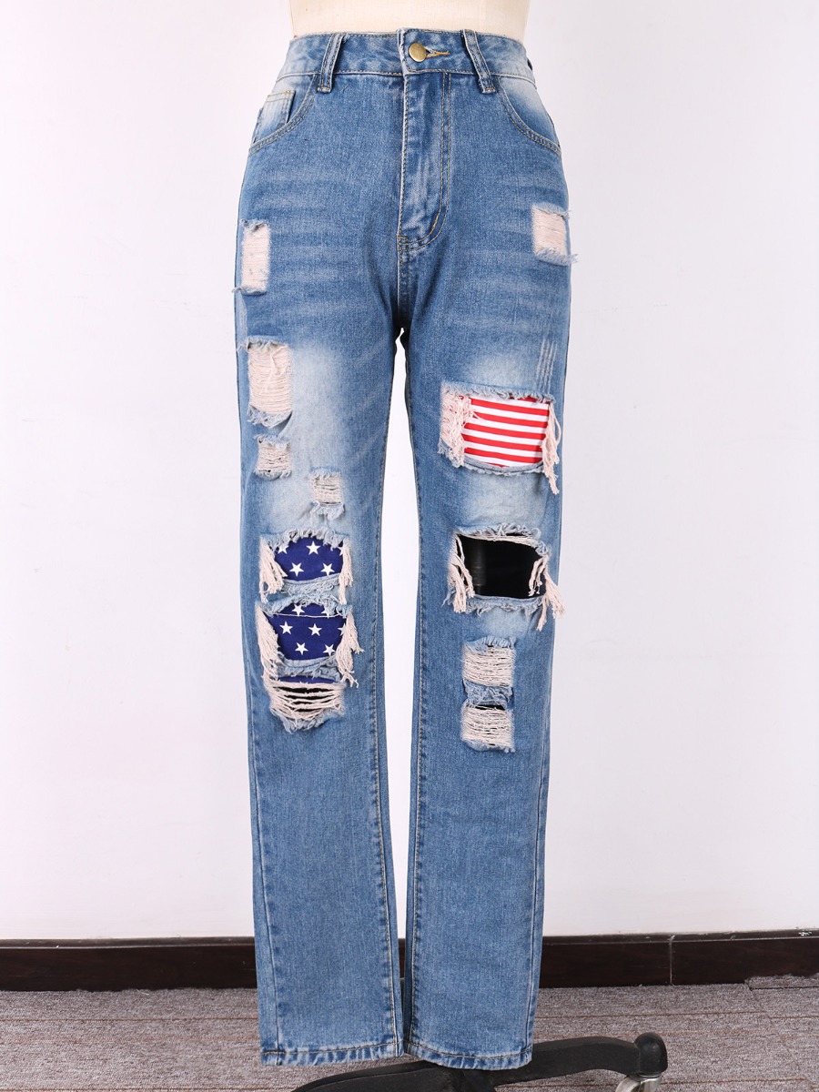 American Flag Insert Ripped Distress Jeans