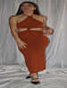 Pure Color Backless Hollow Waist Front Knot Tie Up Knitted Halter Dress 210429856
